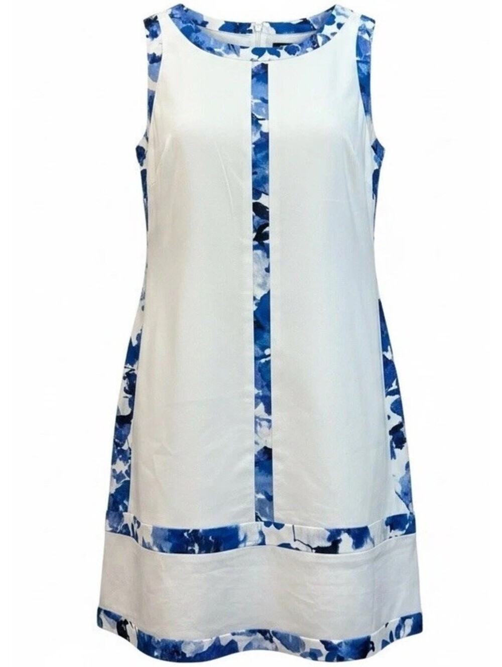 Ralph Lauren Size 12 White Cotton Sleeveless Blue Floral Contrast Shift Dress